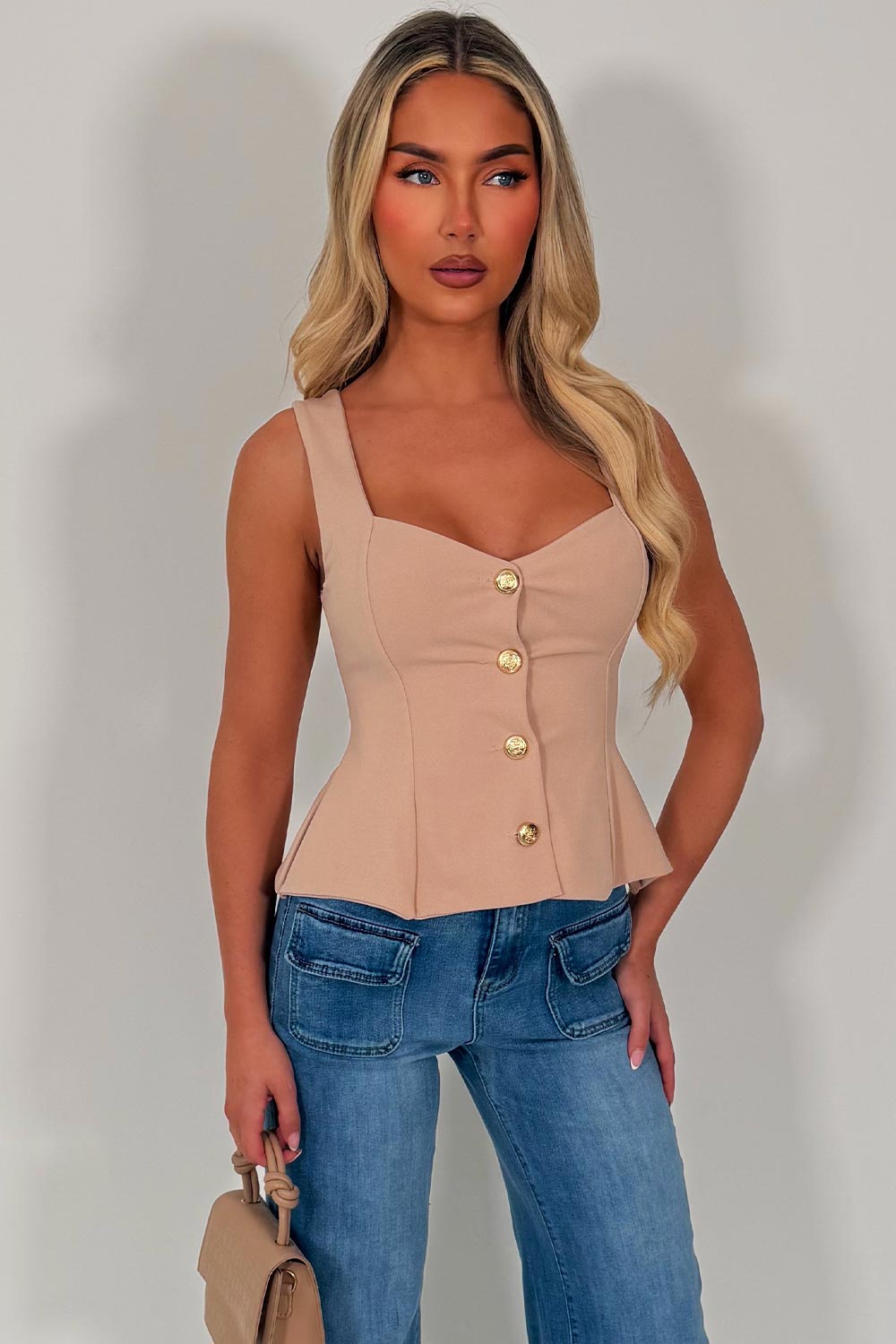 going out peplum top with gold buttons styledup 