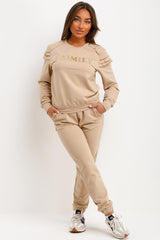 ruffle frill shoulder gold button tracksuit set womens 
