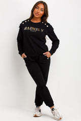 ruffle frill shoulder gold button tracksuit set womens 