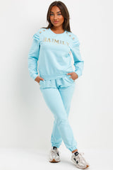 ruffle frill shoulder gold button tracksuit set womens 