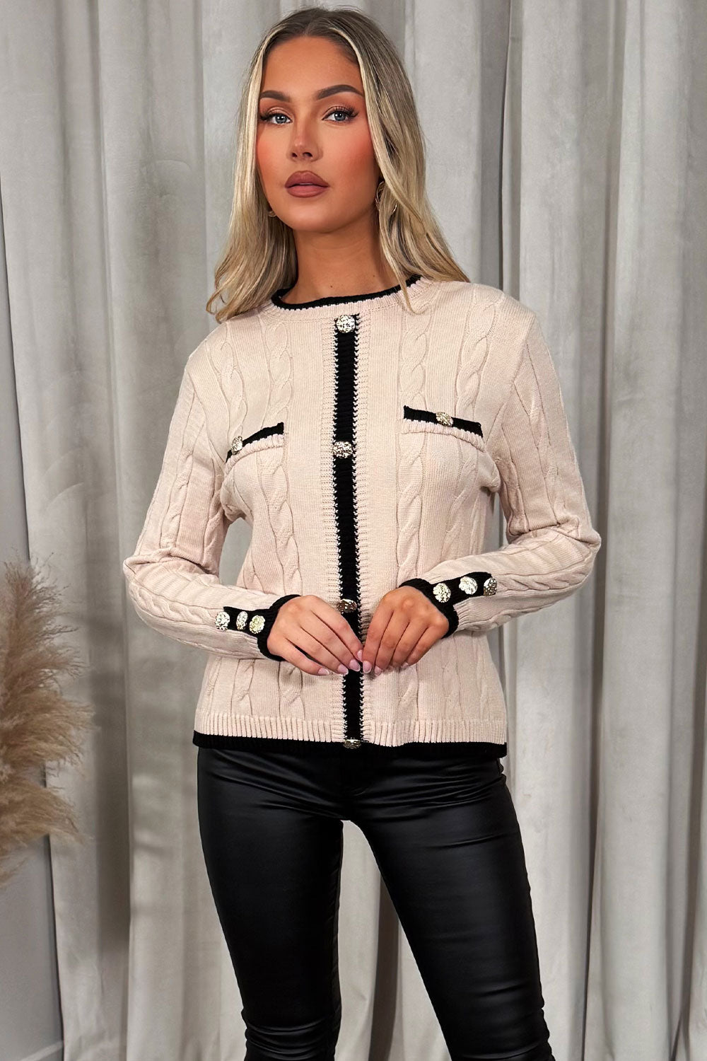 gold button long sleeve knitted jumper with contrast detail womens christmas outfit