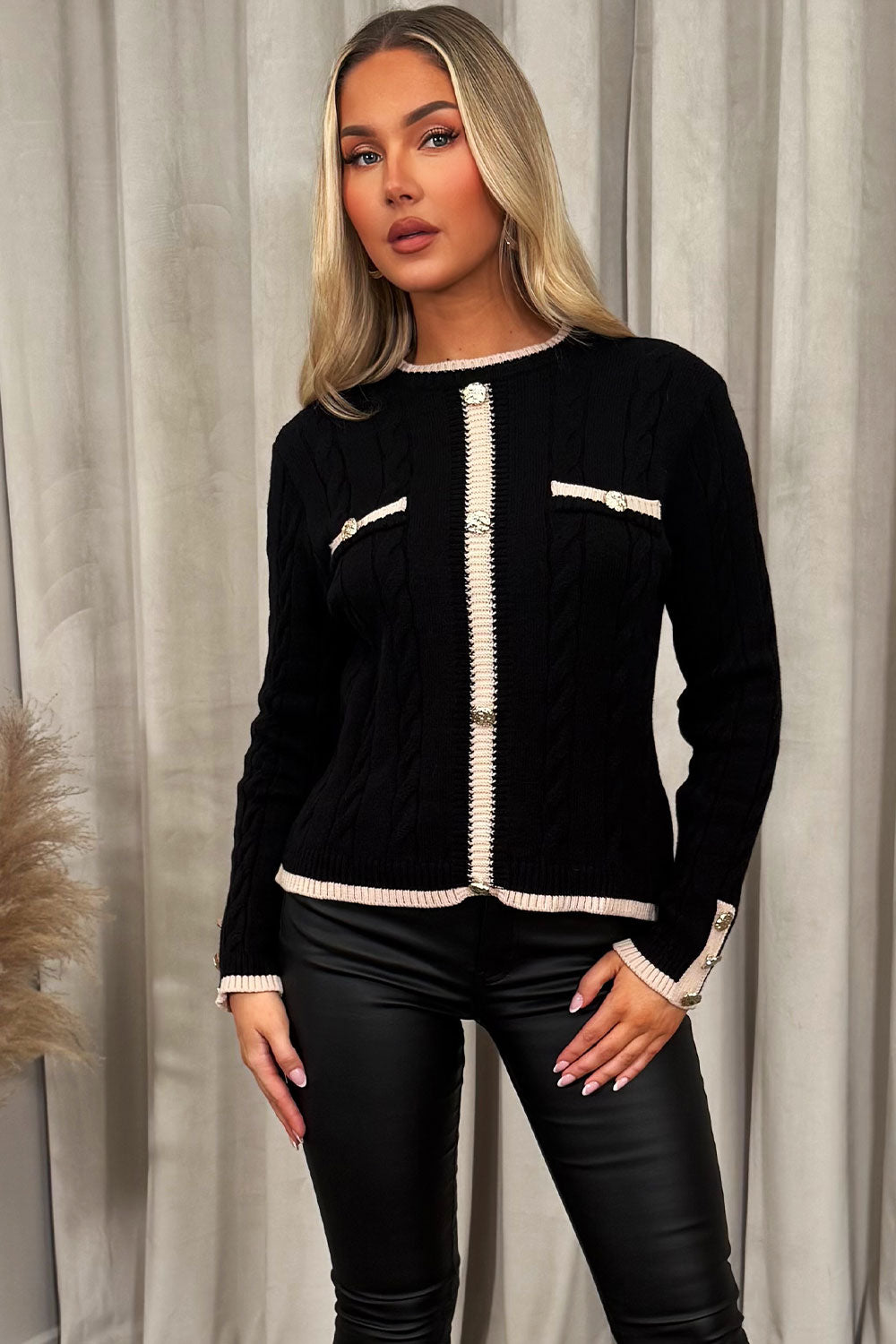 womens long sleeve knitted jumper with gold button styledup