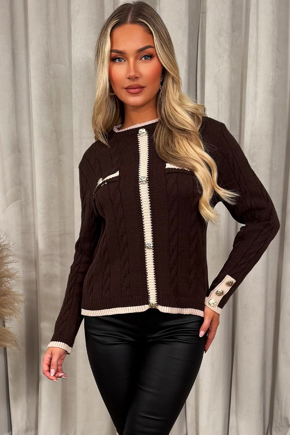 womens gold button long sleeve knitted jumper christmas outfit