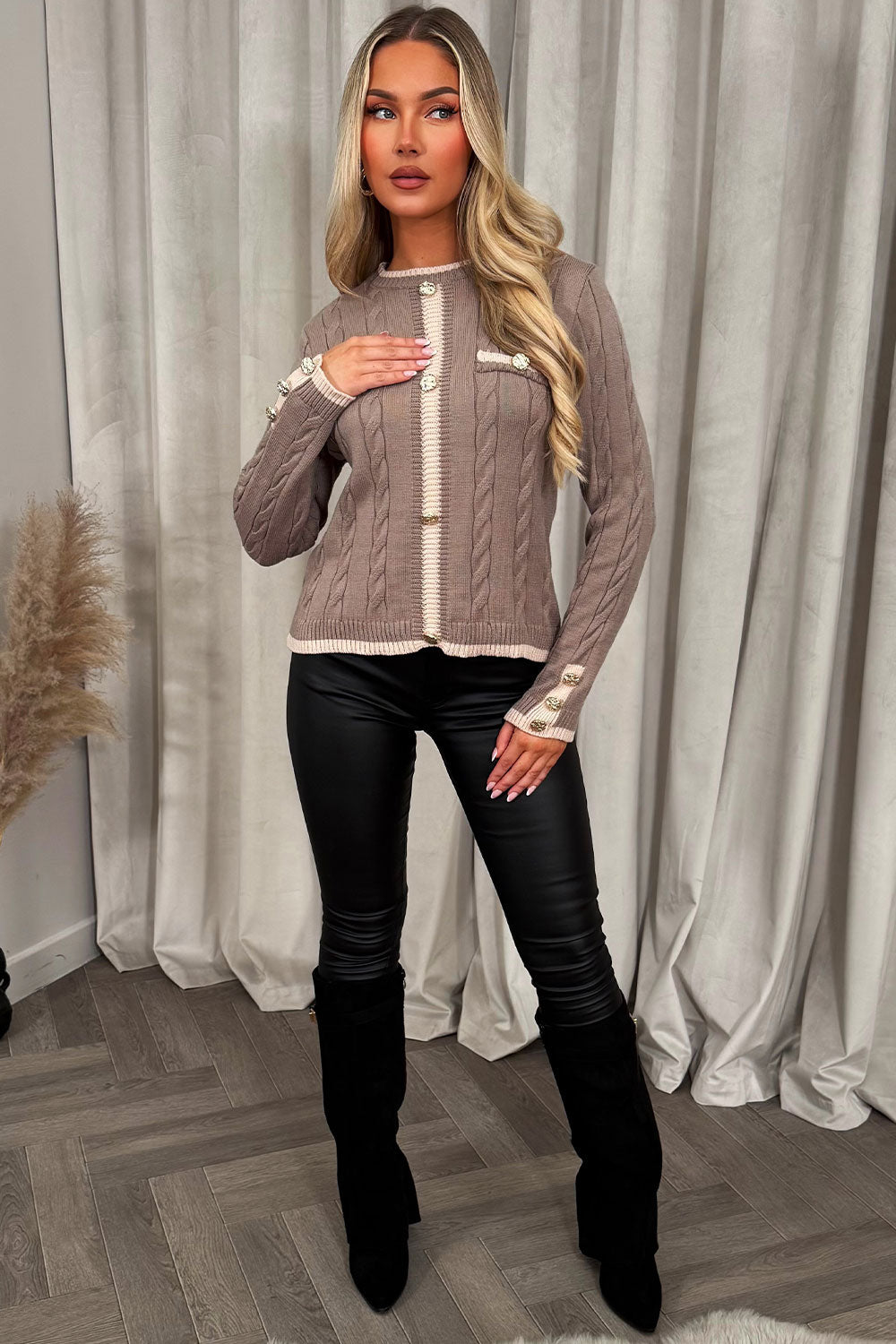 womens gold button long sleeve knitted jumper christmas outfit