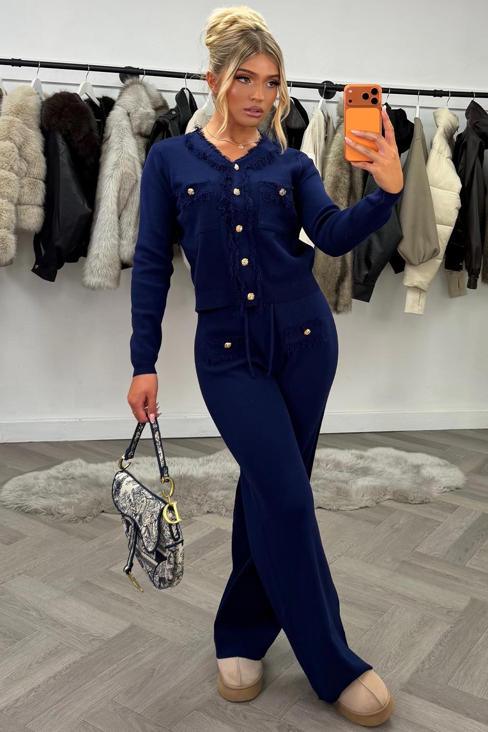 gold button knitted jumper and trousers two piece set womens night out christmas party outfit uk