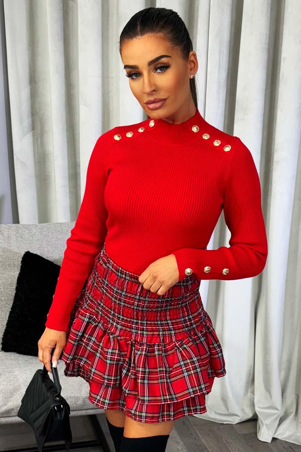 womens red knitted ribbed jumper with gold buttons christmas going out party outfit