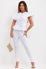 Ruffle Frill Gold Button Co Ord Set White