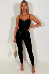 womens black high waist trousers with gold buttons styledup