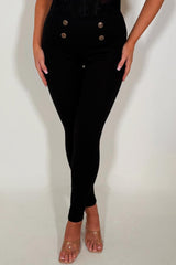 black high waist trouser with gold button detail skinny fit for womens dressy outfit 