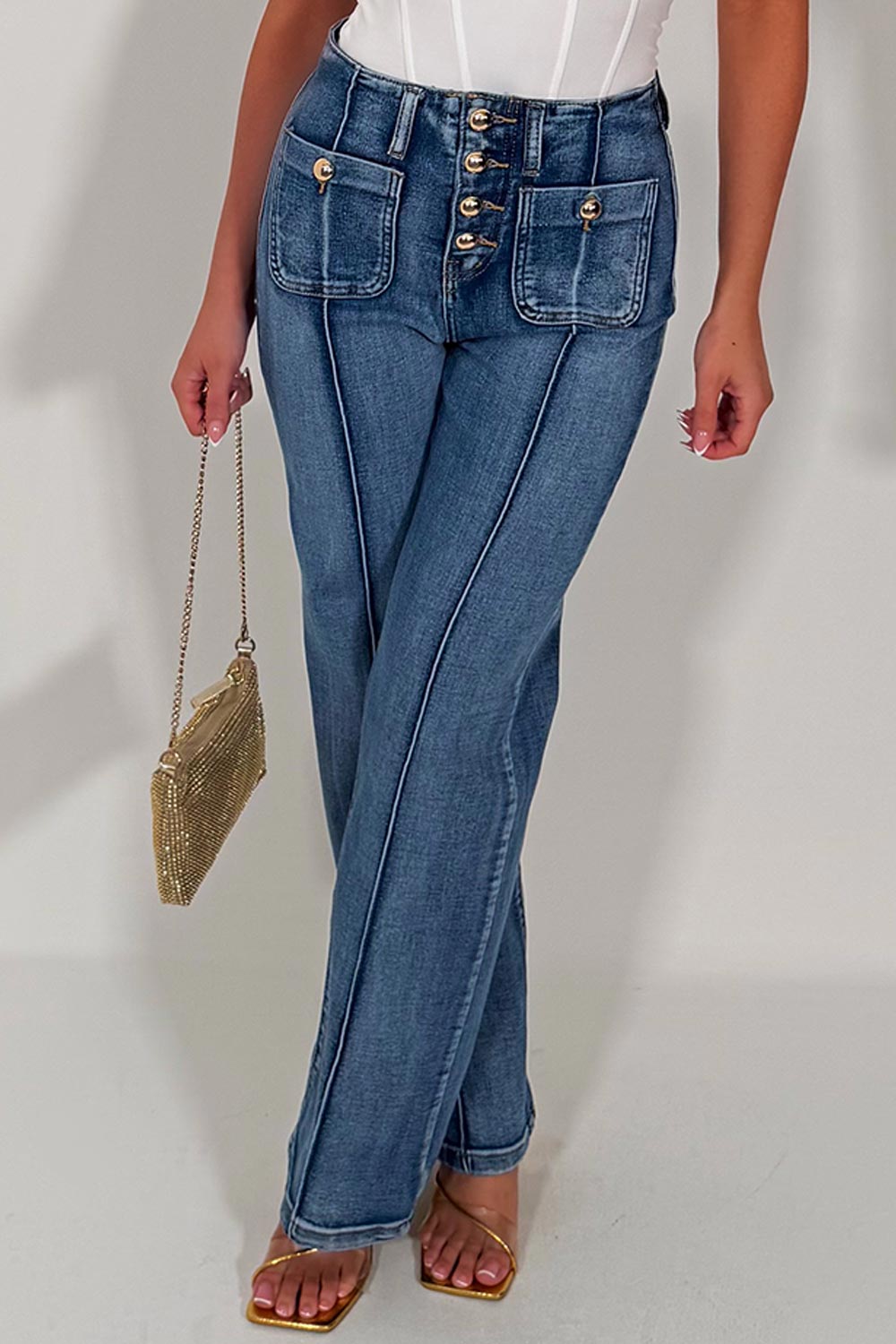 zara denim jeans with gold buttons seam detail styledup fashion