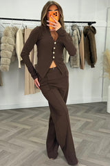 womens long sleeve top with gold buttons and wide leg trousers co ord set two piece outfit brown styledup 
