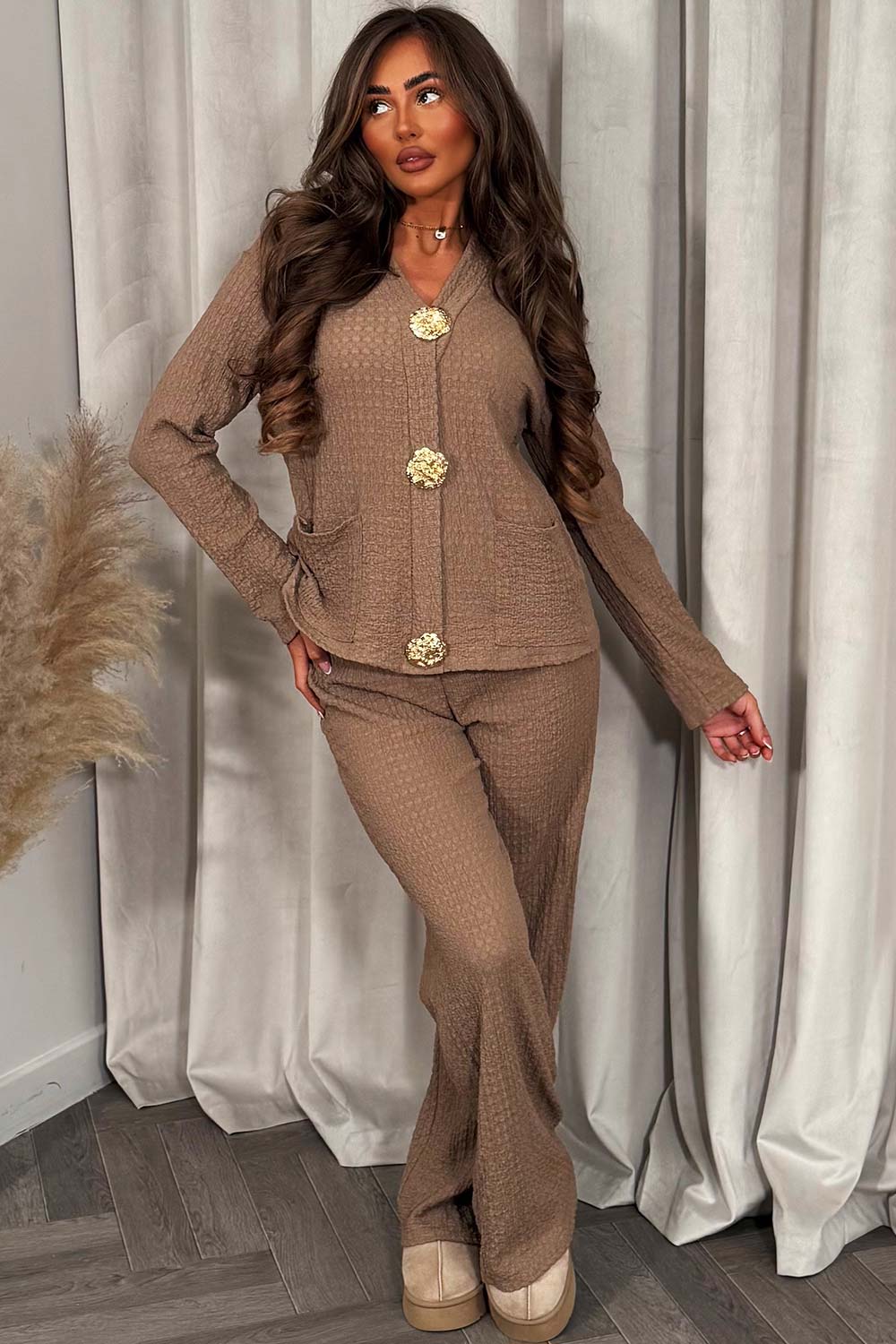 long sleeve cheesecloth top with gold button and pockets with matching trousers two piece co ord set styledup fashion