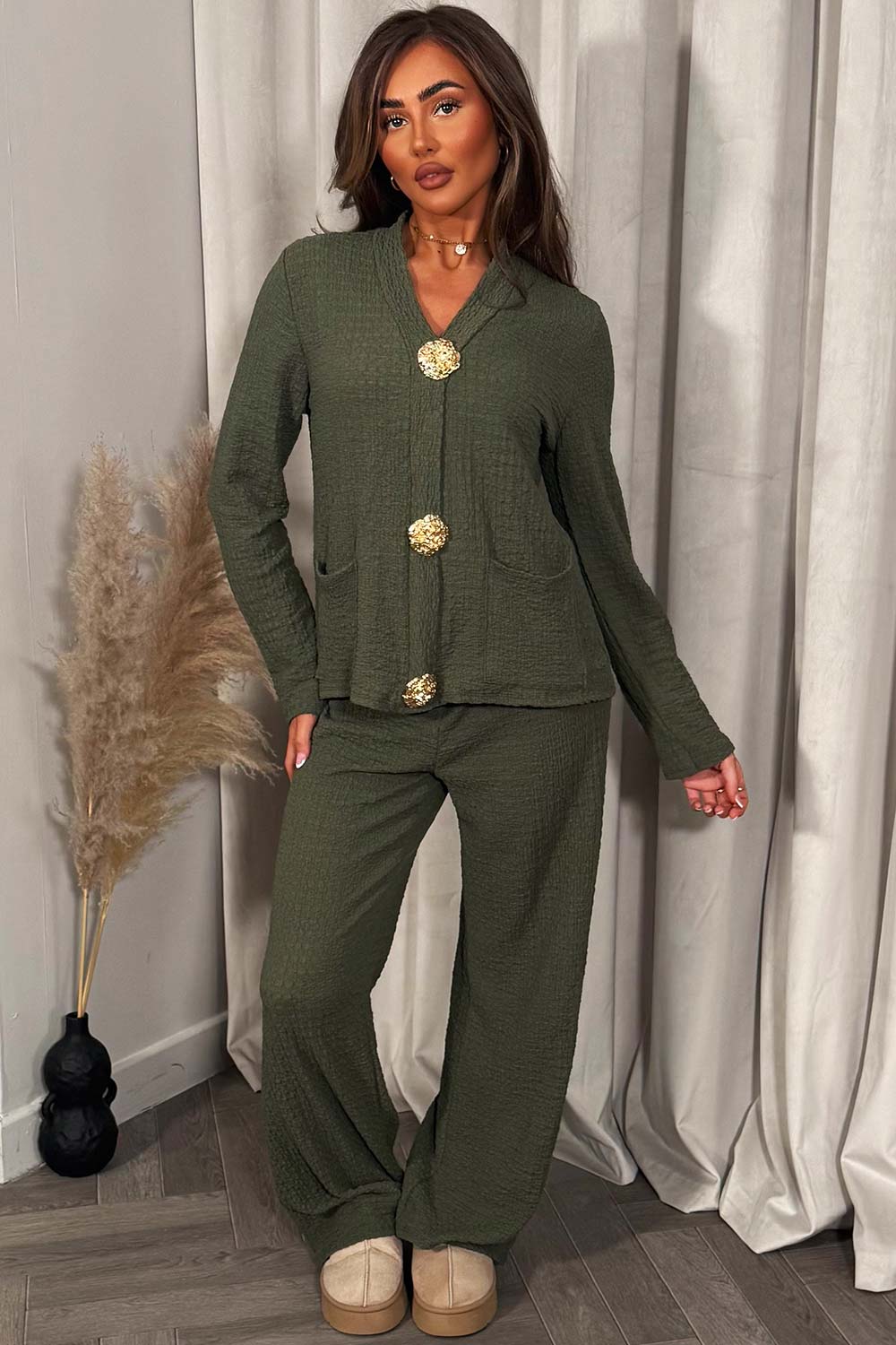 gold button long sleeve top and trouser two piece co ord set going out christmas outfit uk