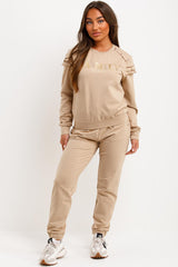 gold button frill ruffle shoulder top and trousers tracksuit set 