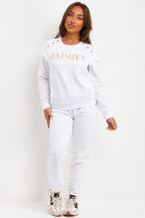 gold button frill shoulder top and trousers loungewear set womens summer airport outfit