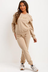 frill ruffle frill shoulder top and trousers lounge set with gold buttons styledup