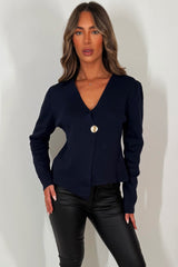 knitted jumper cardigan with gold button and long sleeves womens