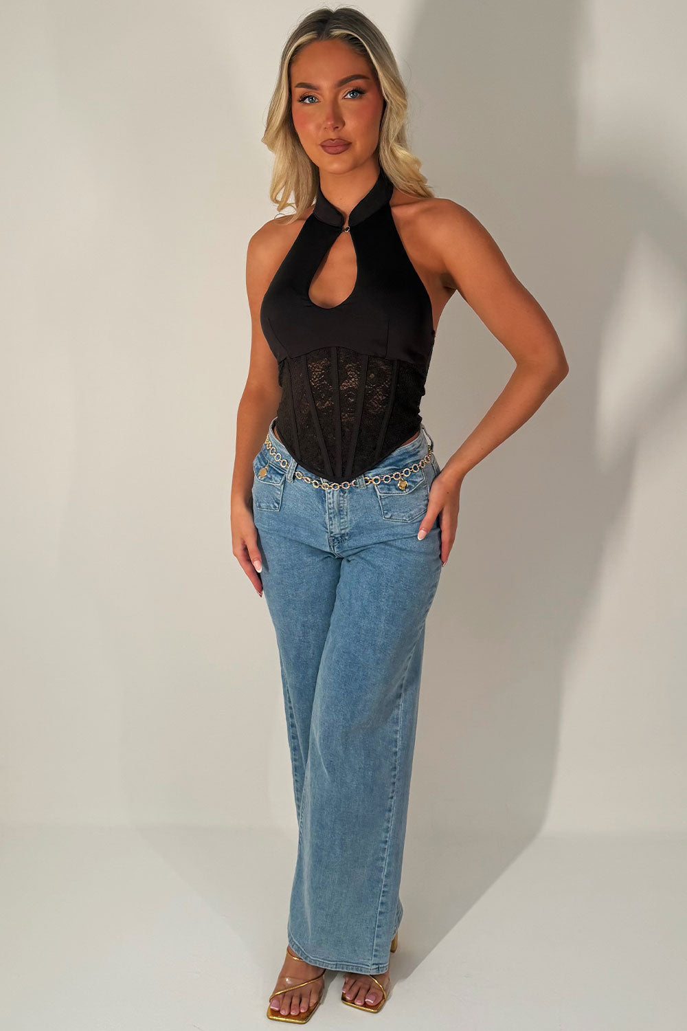 womens high waist wide leg jeans with front patch pockets stretch comfy denim styledup uk 