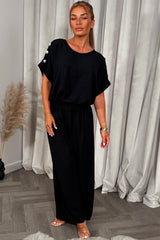 womens christmas party outfit top with gold button shoulder and matching trousers two piece co ord set 