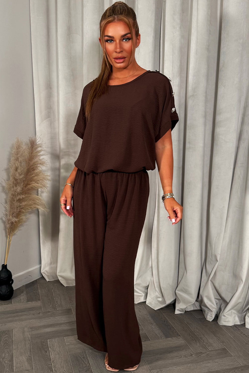 womens gold button oversized top and trousers two piece co ord set christmas party outfit