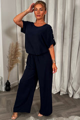 womens christmas party outfit top with gold button shoulder and matching trousers two piece co ord set 