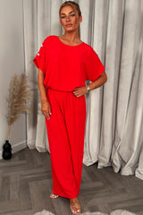 womens christmas party outfit top with gold button shoulder and matching trousers two piece co ord set 
