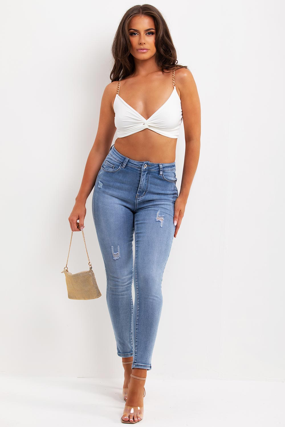 crop top with gold chain straps and knot front