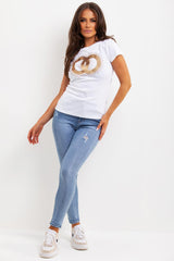 womens gold sequin cc double ring t shirt