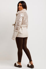 womens faux fur faux suede shiny padded jacket
