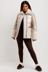 fur trim faux suede shiny padded puffer jacket with belt womens outerwear