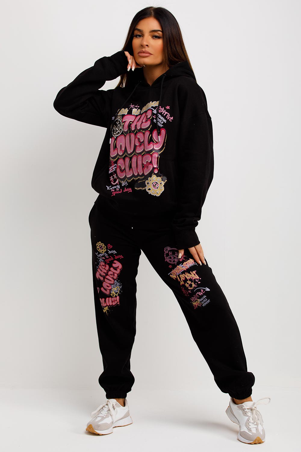 womens tracksuit oversized hoodie and joggers set lovely club graphic print