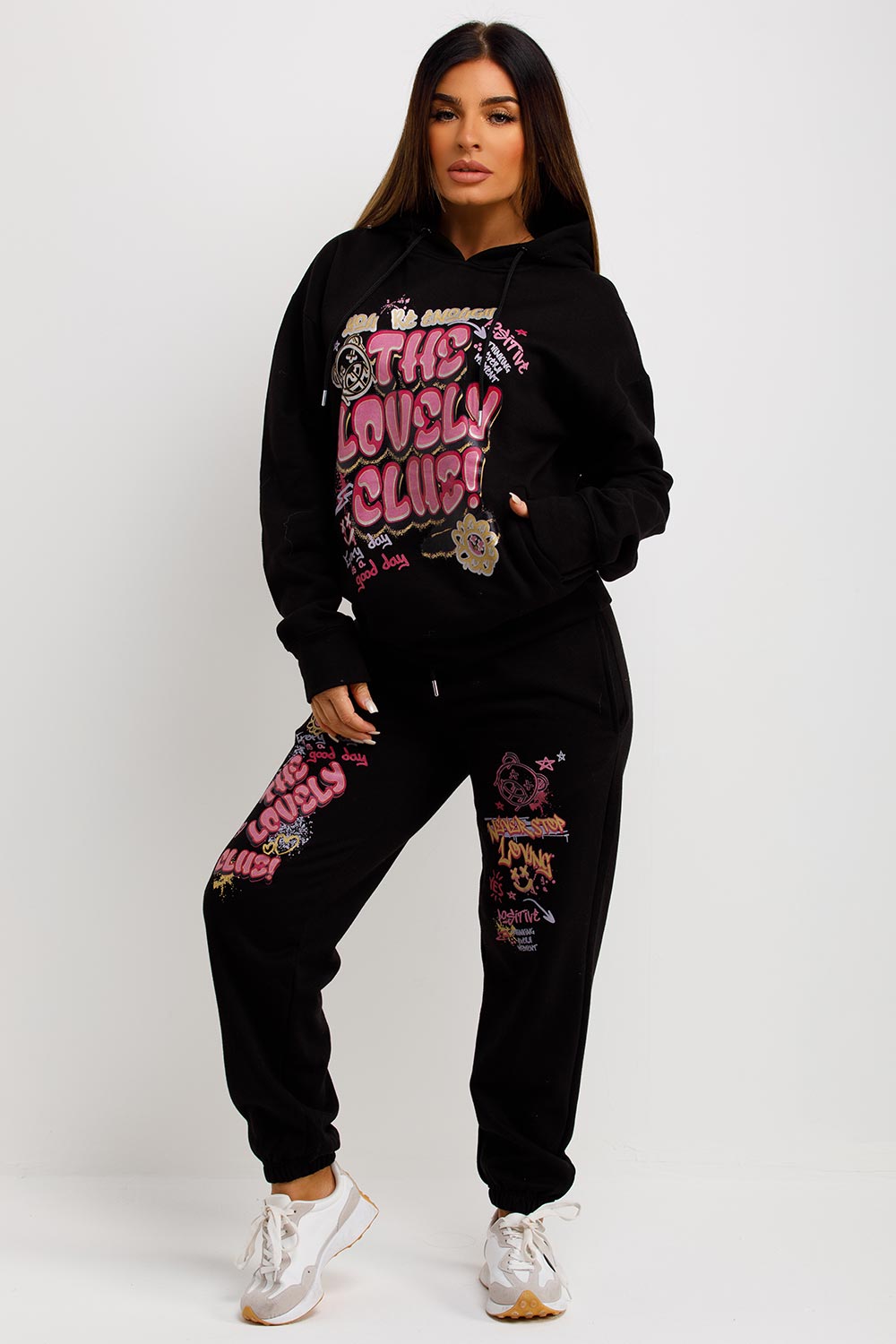 Black　Graphic　Hoodie　Ord　Print　Co　With　Joggers　Set　Tracksuit　Women's　–
