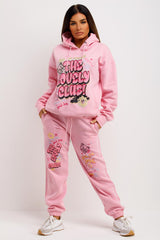 womens pink hoodie and joggers tracksuit lounge set lovely club graphic print