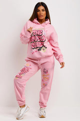 womens hoodie and joggers tracksuit co ord set with lovely club graphic print