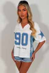 oversized t shirt with v neck diamante rhinestones styledup white fox uk