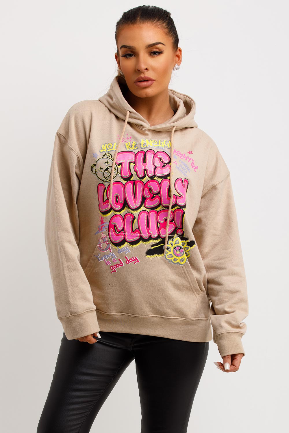 womens oversized hoodie with the lovely club slogan styledup fashion