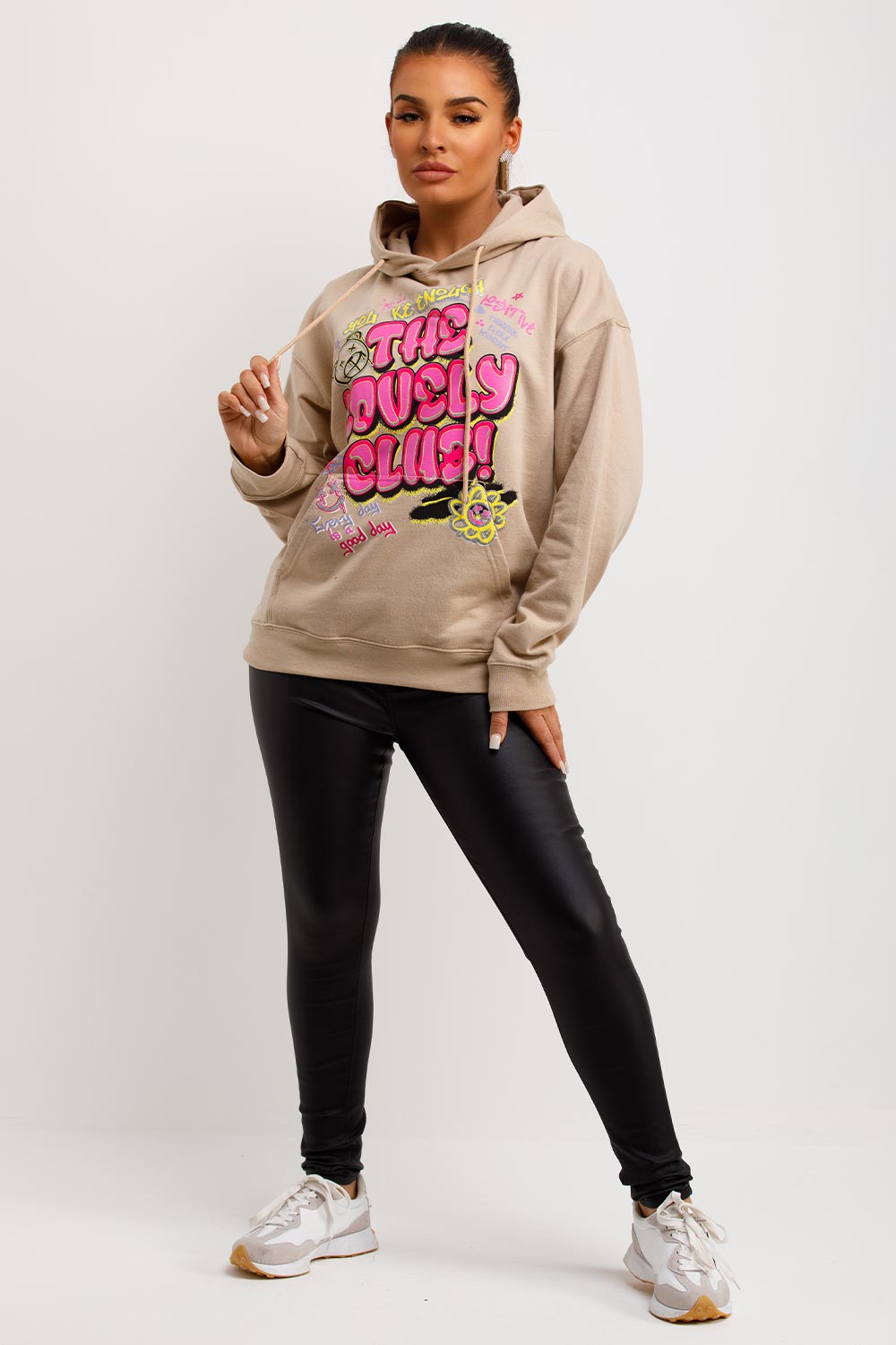 womens oversized hooded sweatshirt with the lovely club slogan