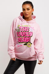 womens pink oversized hoodie with the lovely club graphics