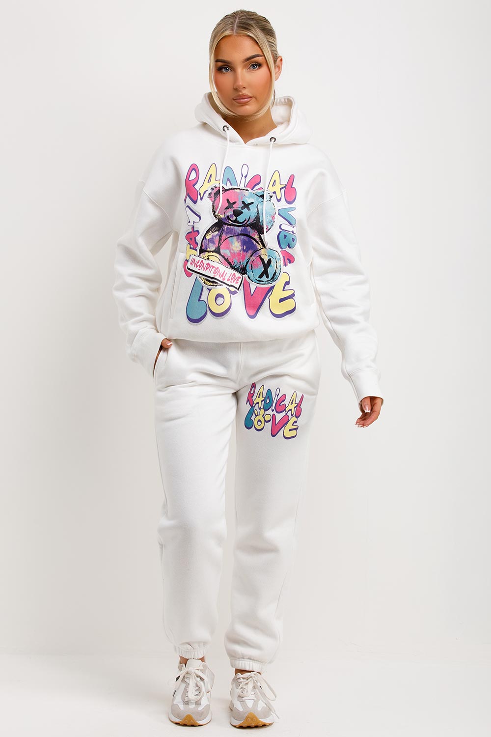 Women's Tracksuit Hoodie Joggers Set Radical Teddy Graphic Print White –