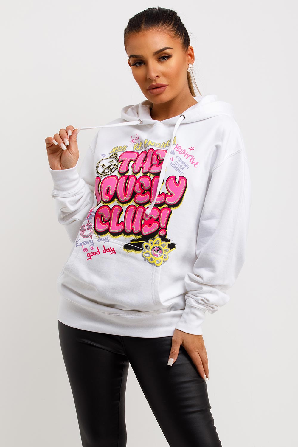 womens white oversized hoodie with multicolour graphic print