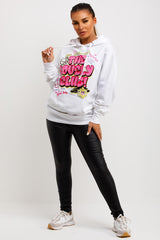 womens white oversized hoodie with the lovely club graphics