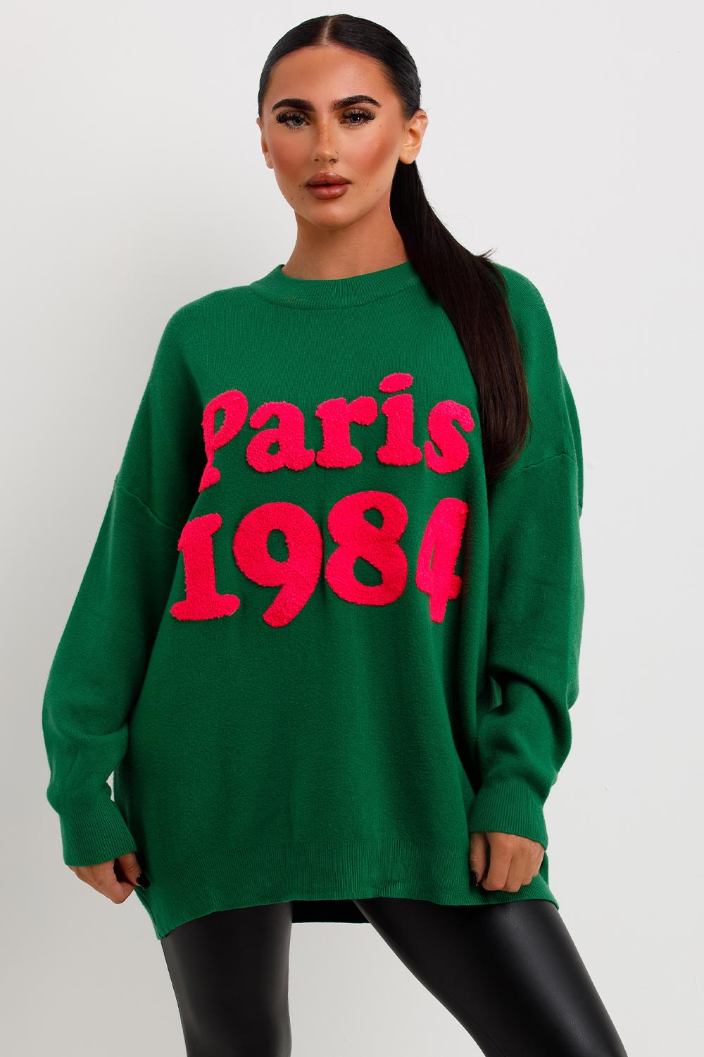 womens green oversized knitted jumper with paris 1984 towelling