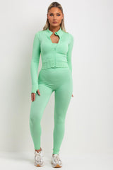 womens rib leggings crop top and jacket 3 piece gym set mint