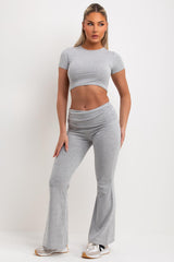 fold over hem flared trousers and crop top co ord set grey