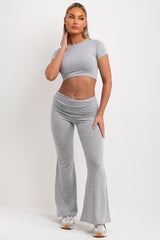 grey marl skinny flare trousers and top co ord set womens casual summer outfit