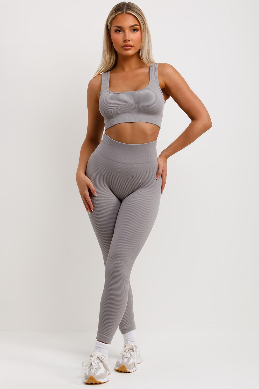 womens ribbed high waist gym leggings and crop top co ord set