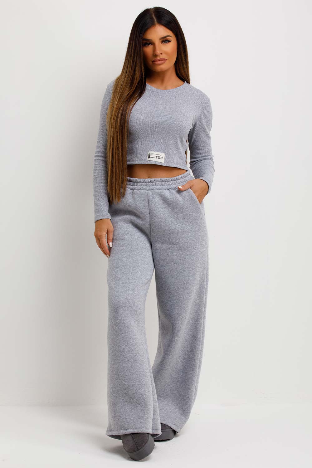 Wide Leg Joggers And Ribbed Top Lounge Set Grey