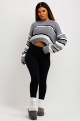 womens long sleeve knitted crop jumper with stripes