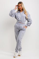 womens crop tracksuit ruched sleeve hoodie and joggers set