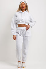 womens tracksuit crop hoodie and joggers set marl grey